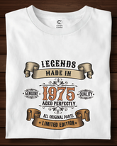 White t-shirt with vintage-style text design on a wooden surface